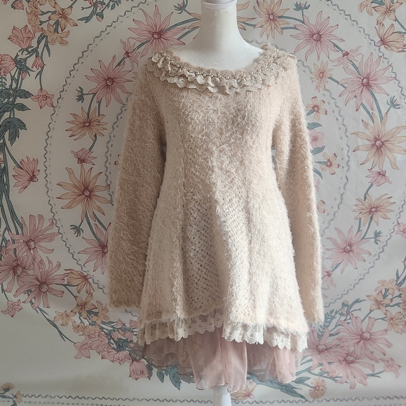 Cream sweater lace Axes Femme J fashion chic cottage core dollette soft Girl - Picture 1 of 11